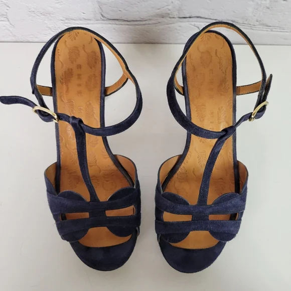 CHIE MIHARA Blue Suede T-strap Strappy Platform Sandals - Picture 8 of 13